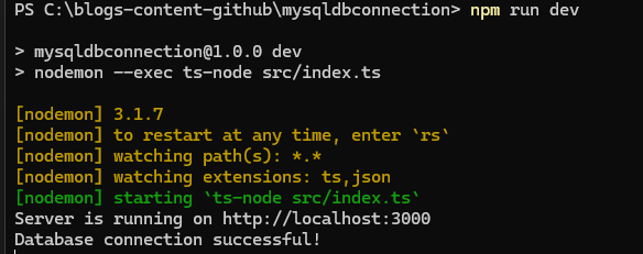 Node js mysql connection successful message